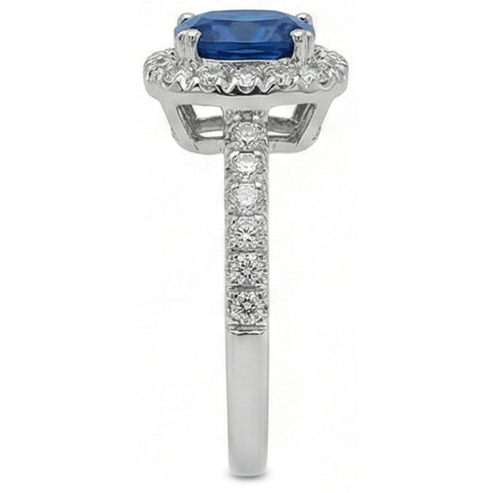 Fede nuziale Halo con zaffiro dello Sri Lanka da 3,90 carati e diamanti in oro bianco 14K