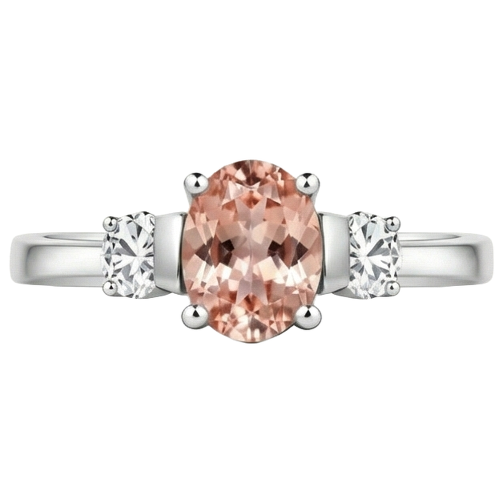 Fede nuziale Morganite e diamanti 9 carati 3 pietre oro bianco 14K