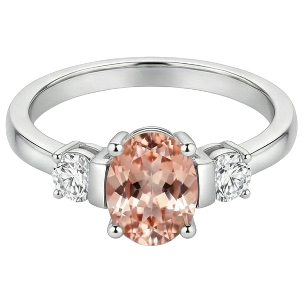 Fede nuziale Morganite e diamanti 9 carati 3 pietre oro bianco 14K