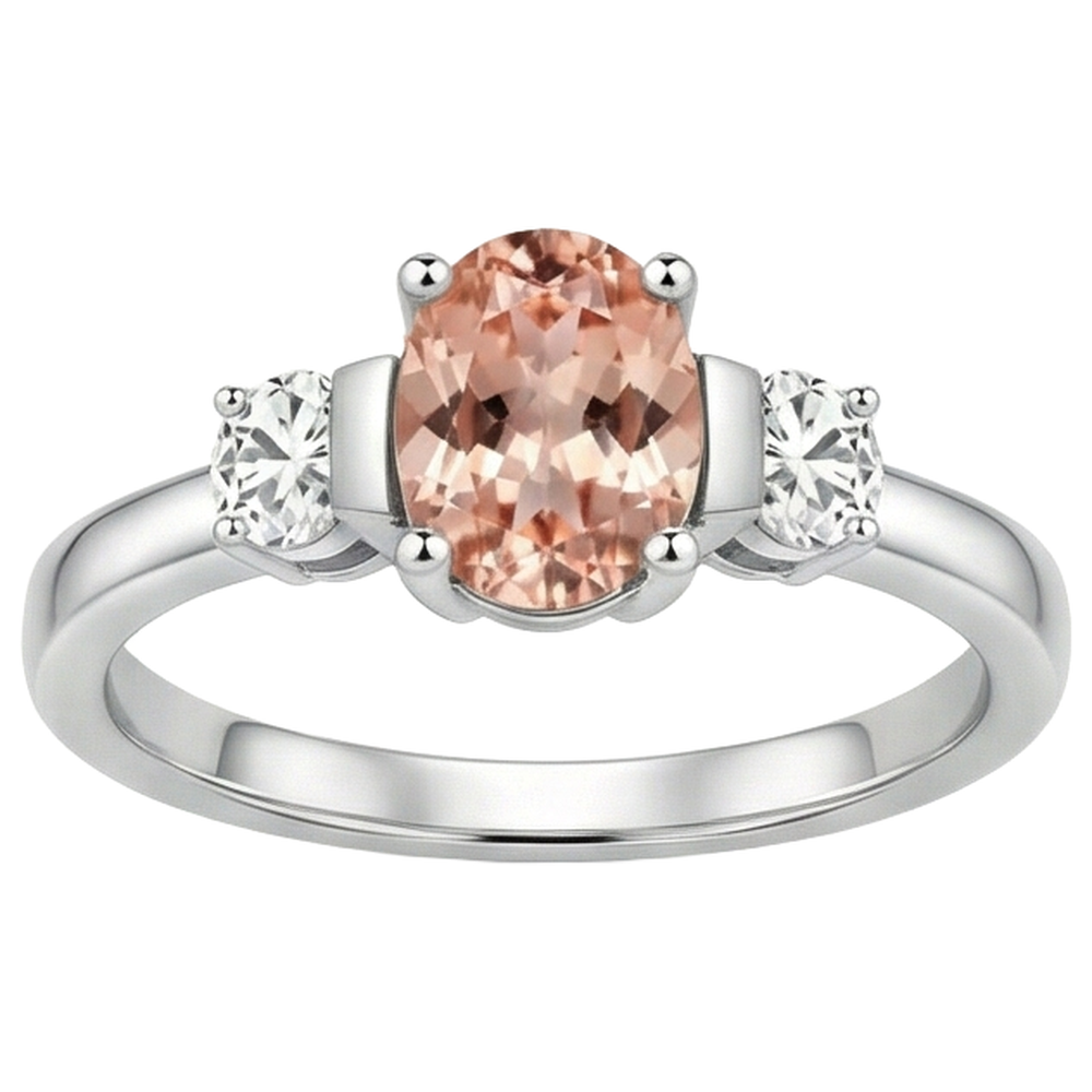 Fede nuziale Morganite e diamanti 9 carati 3 pietre oro bianco 14K