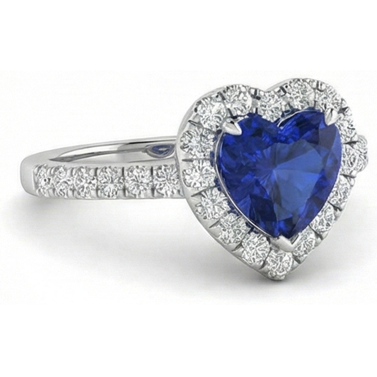 Fede nuziale a forma di cuore con zaffiro di Ceylon e diamanti. oro 14k da 3.90 ct