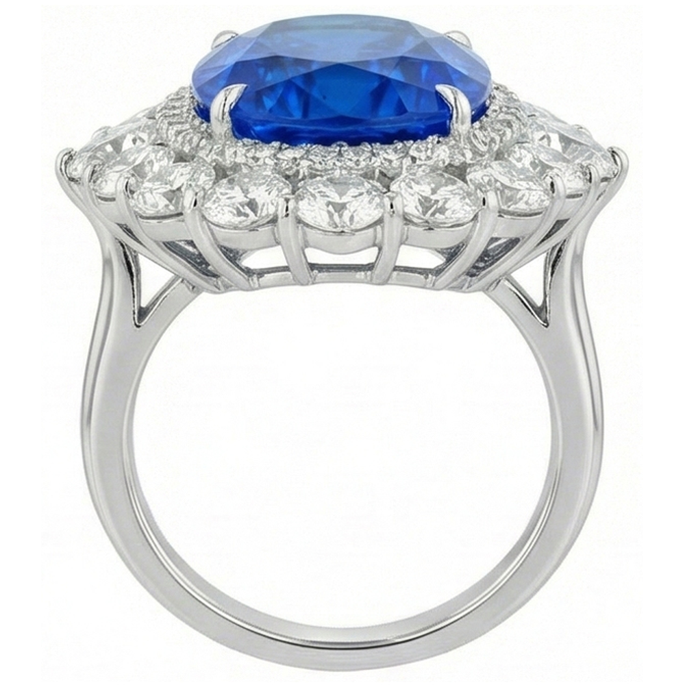 Fede nuziale bianca con diamanti. zaffiro blu di Ceylon da 8.5 ct incastonato a polo