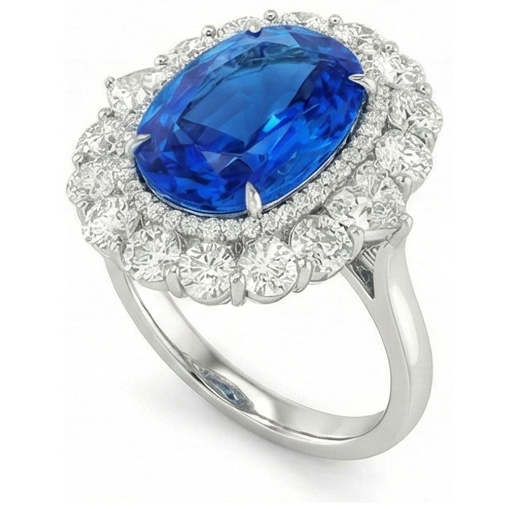 Fede nuziale bianca con diamanti. zaffiro blu di Ceylon da 8.5 ct incastonato a polo