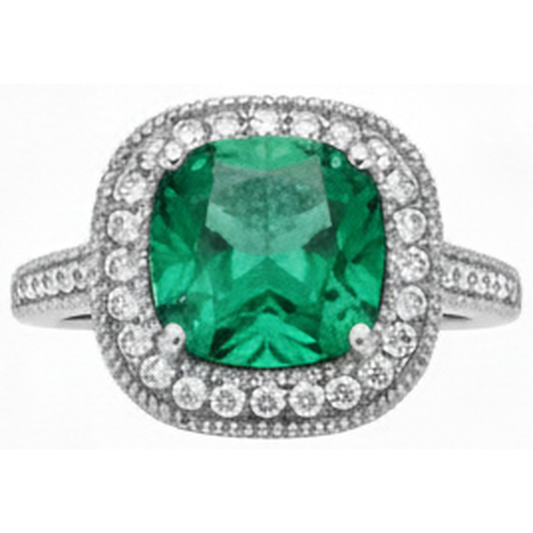 Fede nuziale con Verde smeraldo taglio cuscino e diamante in oro bianco 14 carati 6.5 ct
