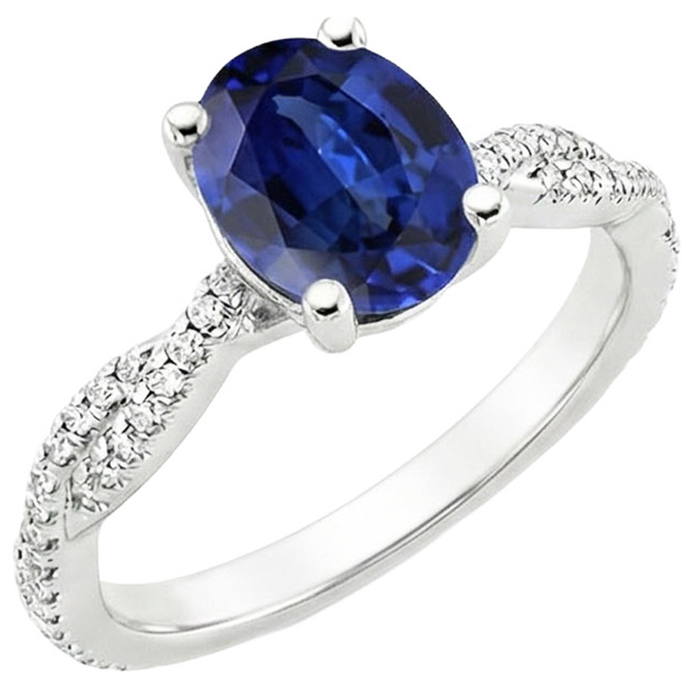 Fede nuziale con accenti di solitario in zaffiro blu da 3,50 carati in oro bianco 14K