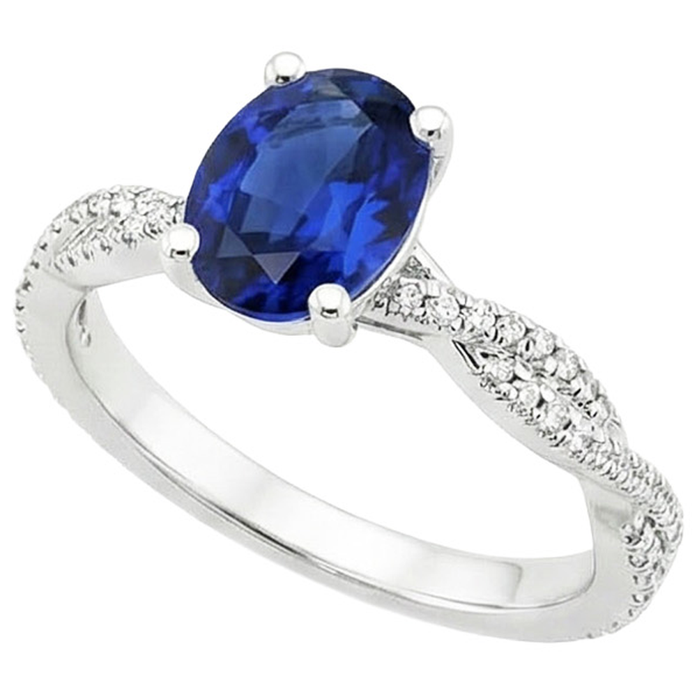 Fede nuziale con accenti di solitario in zaffiro blu da 3,50 carati in oro bianco 14K