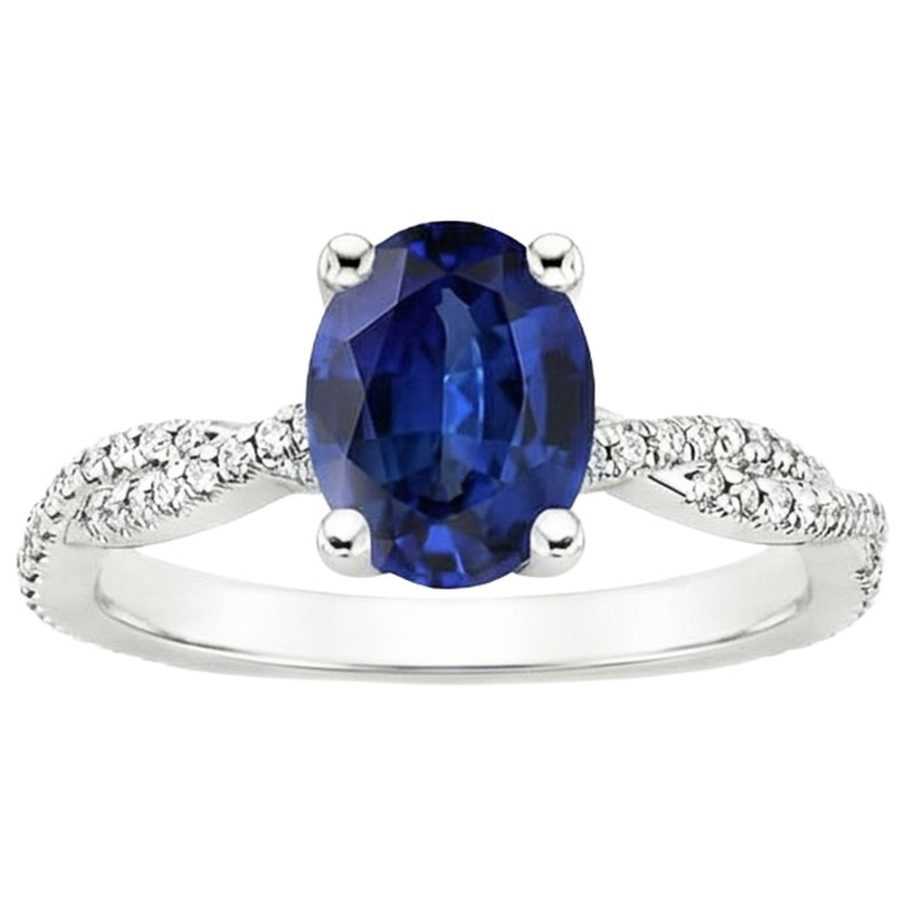 Fede nuziale con accenti di solitario in zaffiro blu da 3,50 carati in oro bianco 14K