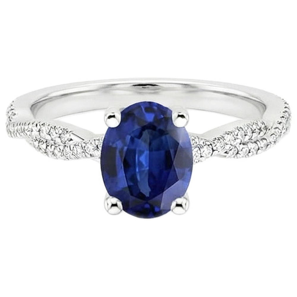 Fede nuziale con accenti di solitario in zaffiro blu da 3,50 carati in oro bianco 14K