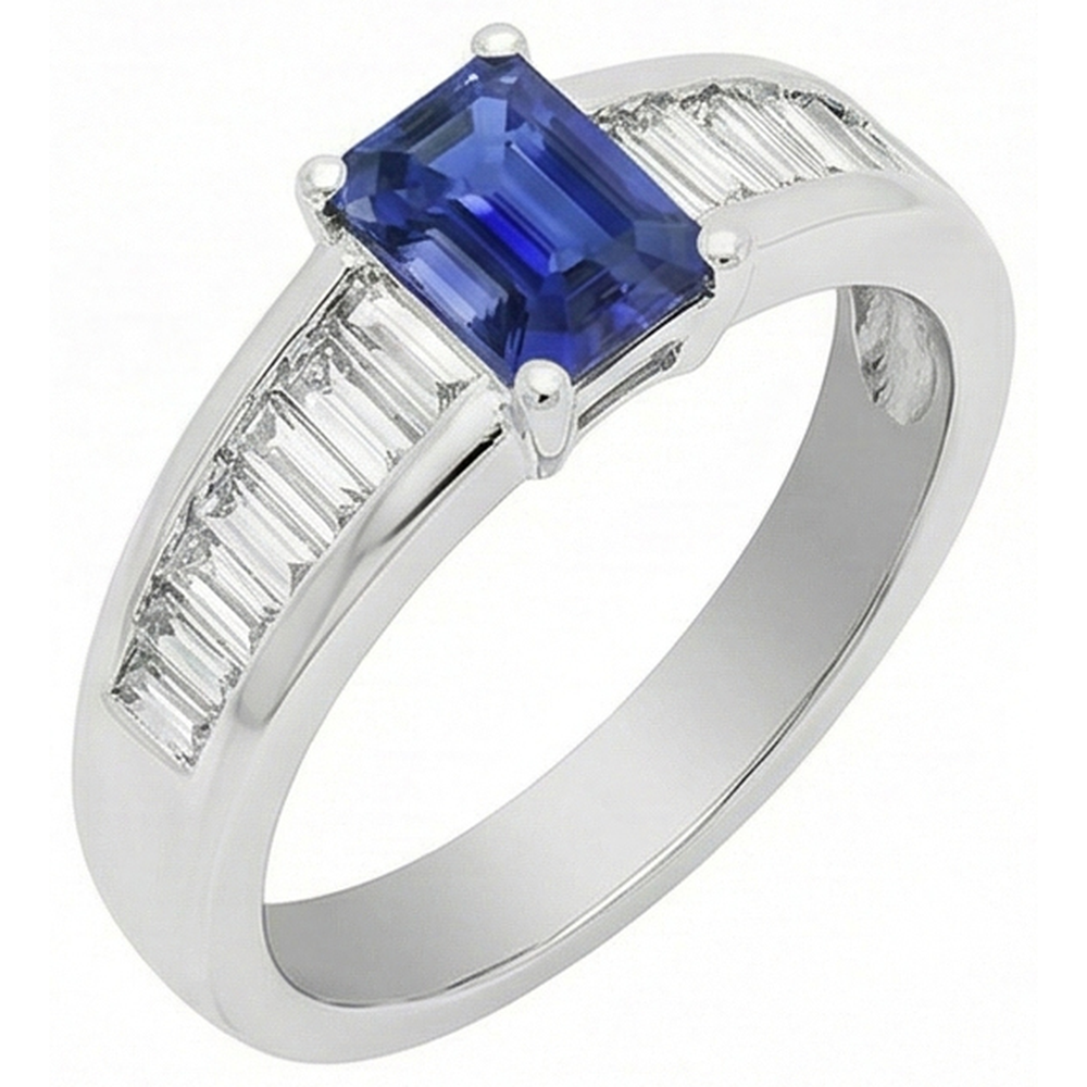 Fede nuziale con diamante baguette 2 carati con zaffiro blu smeraldo gemma