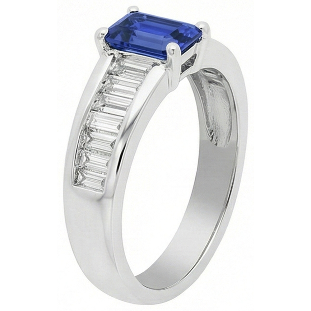 Fede nuziale con diamante baguette 2 carati con zaffiro blu smeraldo gemma