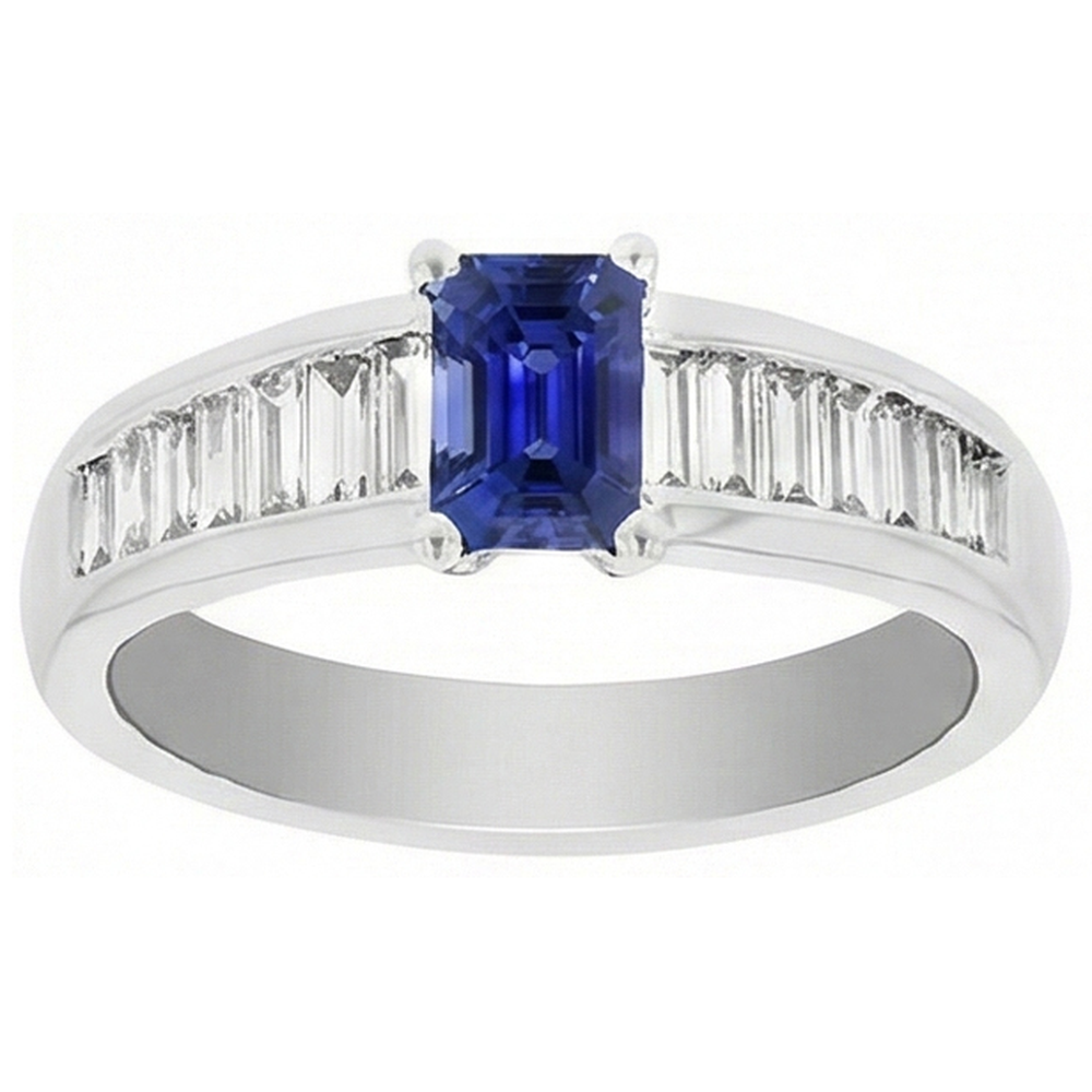 Fede nuziale con diamante baguette 2 carati con zaffiro blu smeraldo gemma