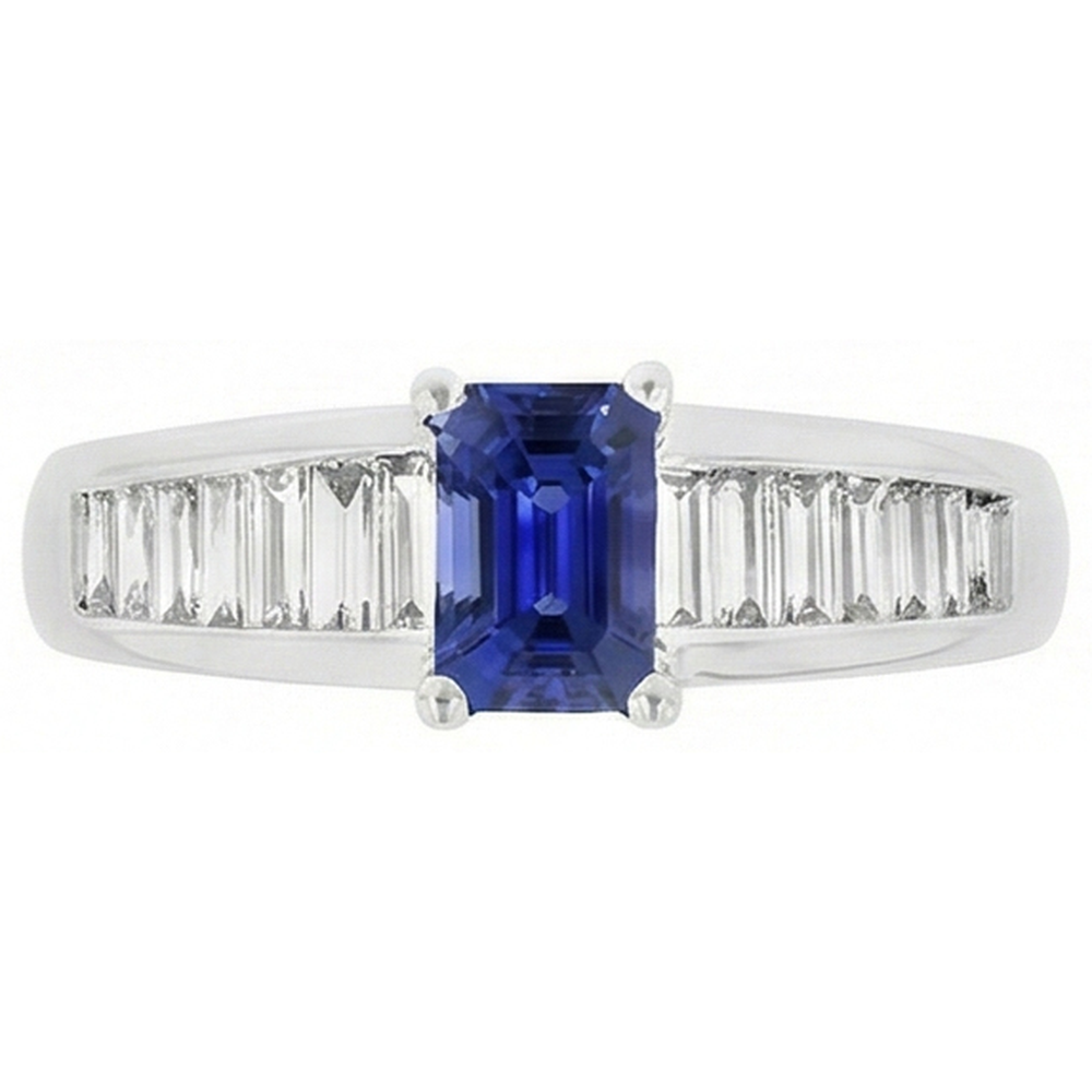 Fede nuziale con diamante baguette 2 carati con zaffiro blu smeraldo gemma