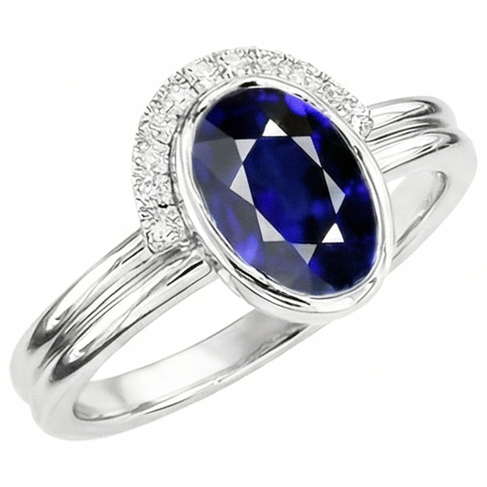 Fede nuziale con diamanti e zaffiro blu ovale. set 3 carati in oro bianco