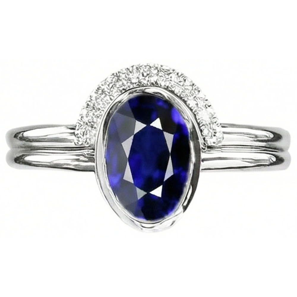 Fede nuziale con diamanti e zaffiro blu ovale. set 3 carati in oro bianco