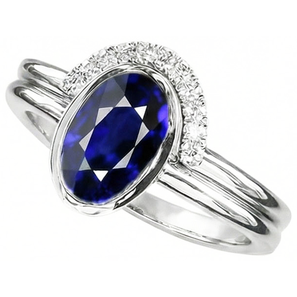 Fede nuziale con diamanti e zaffiro blu ovale. set 3 carati in oro bianco