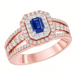 Fede nuziale con gemma di zaffiro blu doppio alone 3 carati in oro rosa 14K