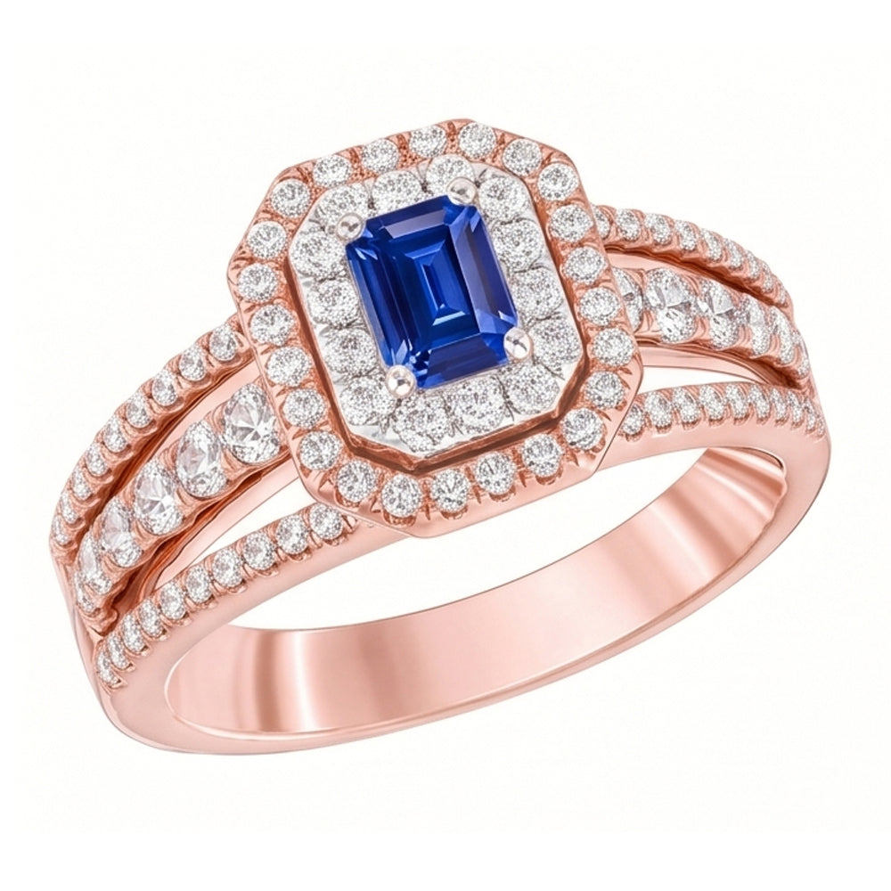 Fede nuziale con gemma di zaffiro blu doppio alone 3 carati in oro rosa 14K