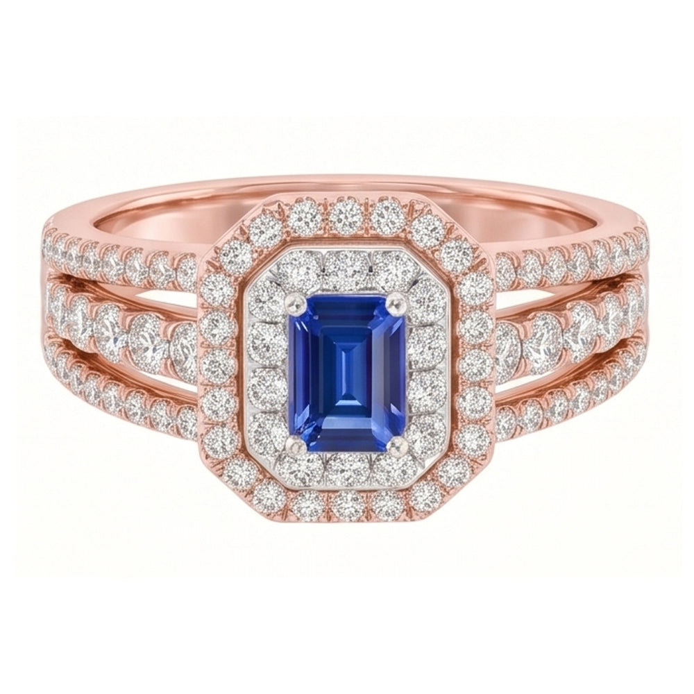 Fede nuziale con gemma di zaffiro blu doppio alone 3 carati in oro rosa 14K