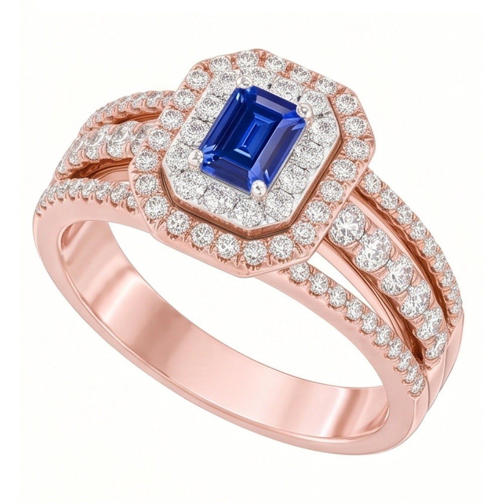 Fede nuziale con gemma di zaffiro blu doppio alone 3 carati in oro rosa 14K