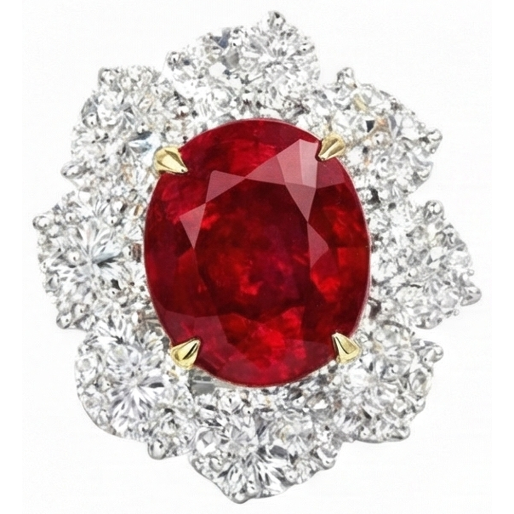 Fede nuziale con rubino ovale naturale e diamanti da 6,10 ct in oro 14 kt