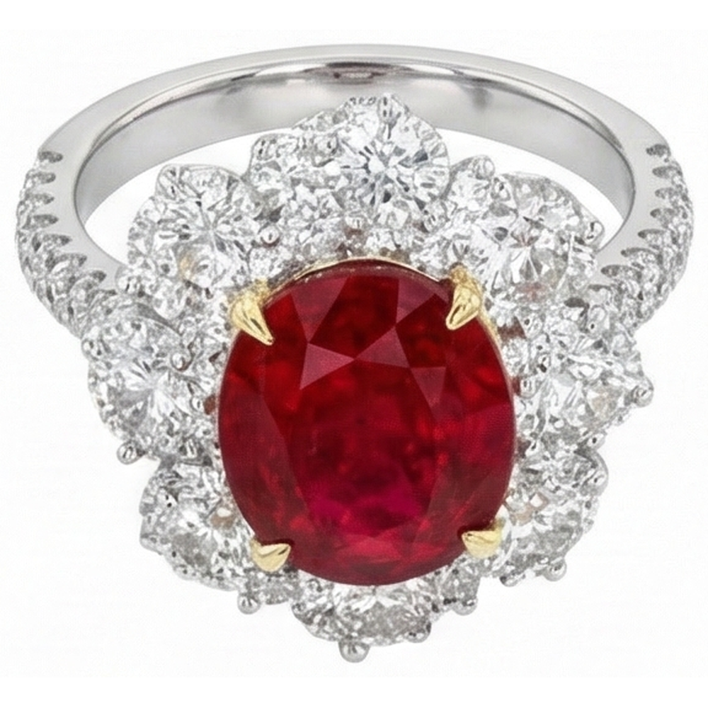 Fede nuziale con rubino ovale naturale e diamanti da 6,10 ct in oro 14 kt