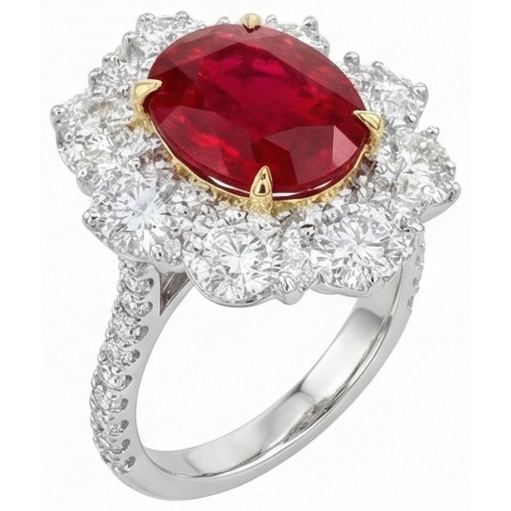 Fede nuziale con rubino ovale naturale e diamanti da 6,10 ct in oro 14 kt