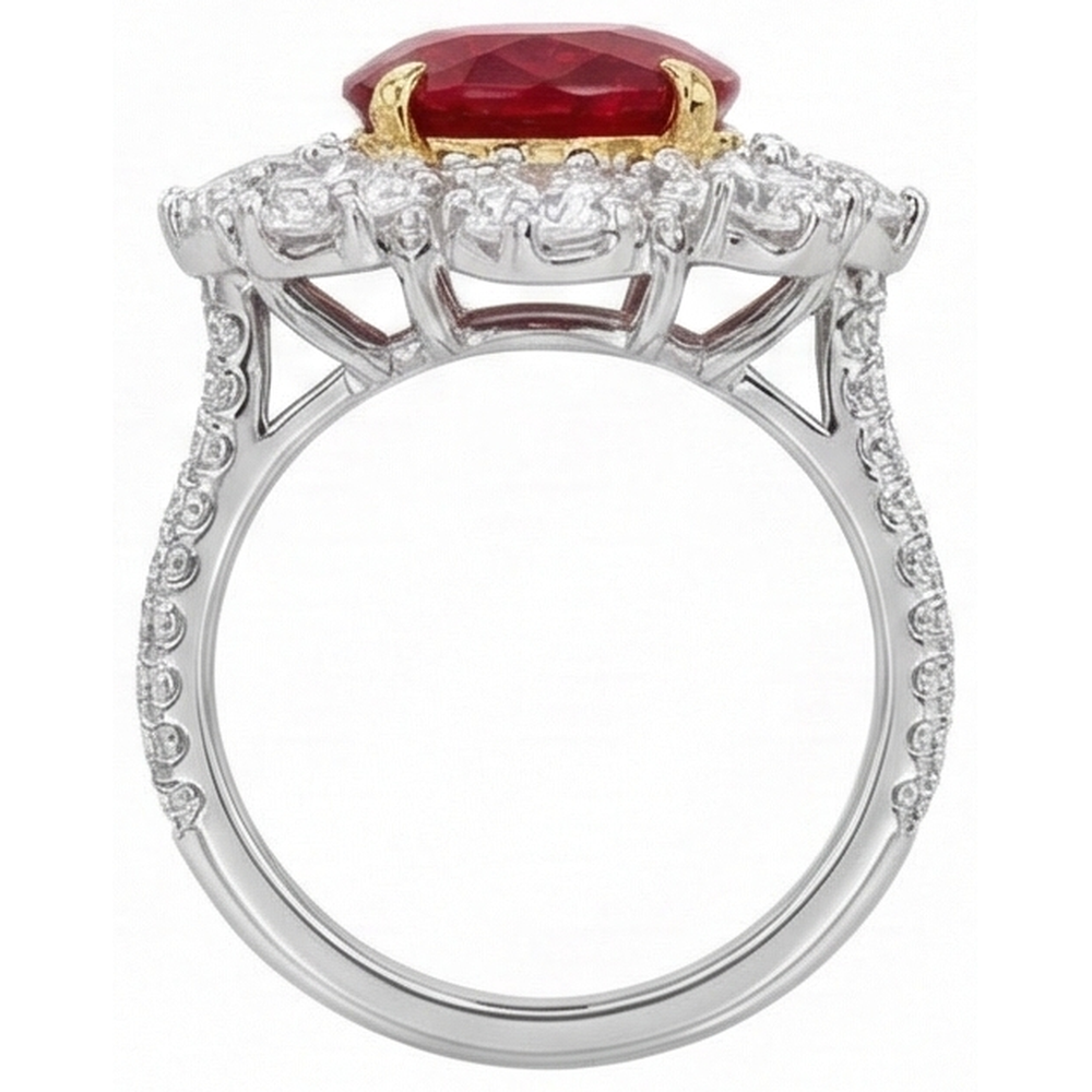 Fede nuziale con rubino ovale naturale e diamanti da 6,10 ct in oro 14 kt