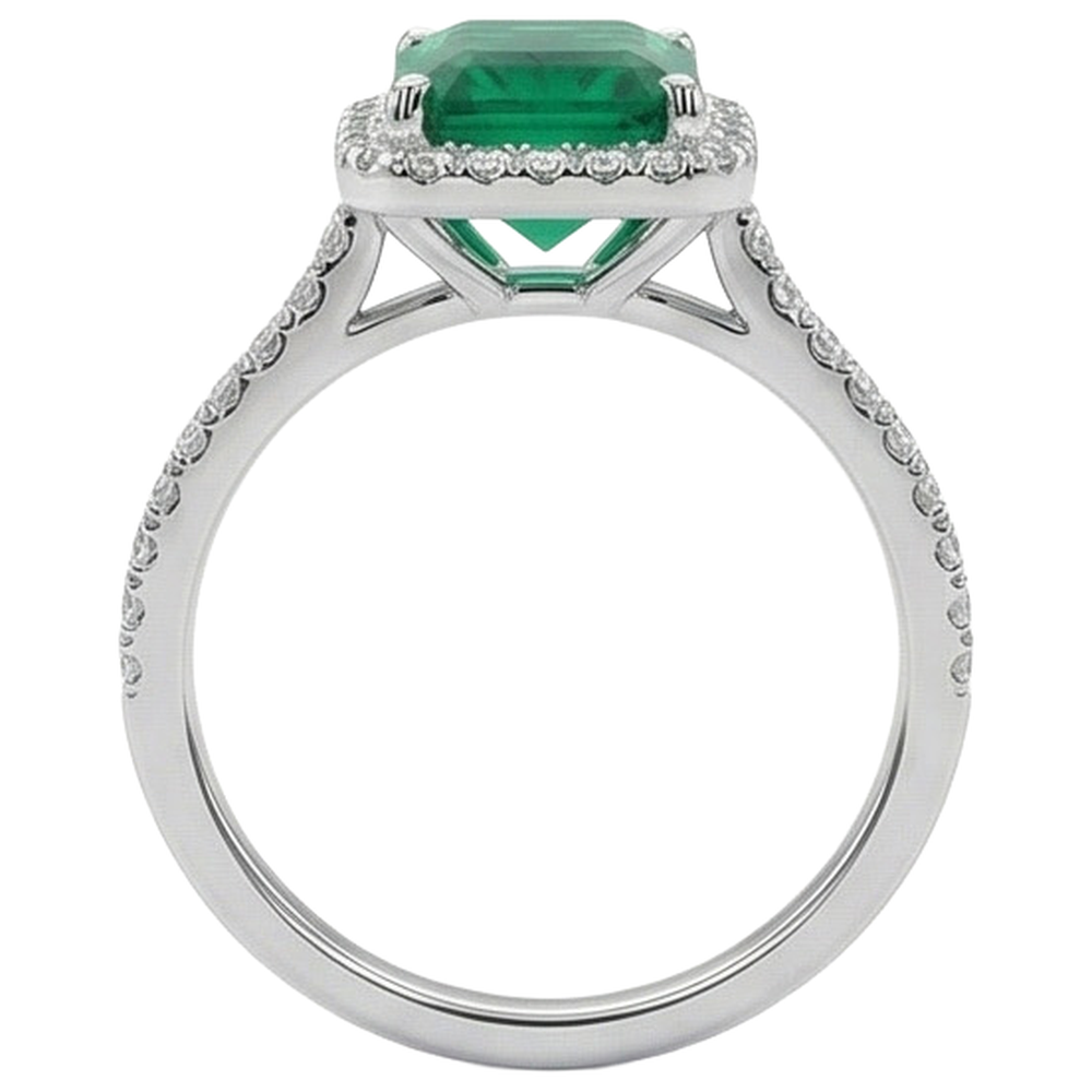 Fede nuziale con smeraldo verde a taglio smeraldo da 3,55 ct con diamante rotondo