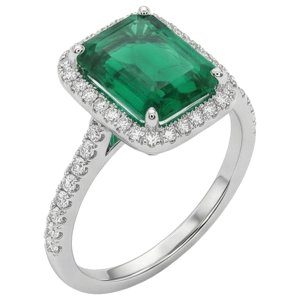 Fede nuziale con smeraldo verde a taglio smeraldo da 3,55 ct con diamante rotondo