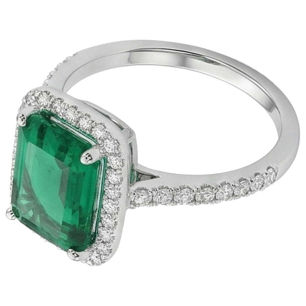 Fede nuziale con smeraldo verde a taglio smeraldo da 3,55 ct con diamante rotondo