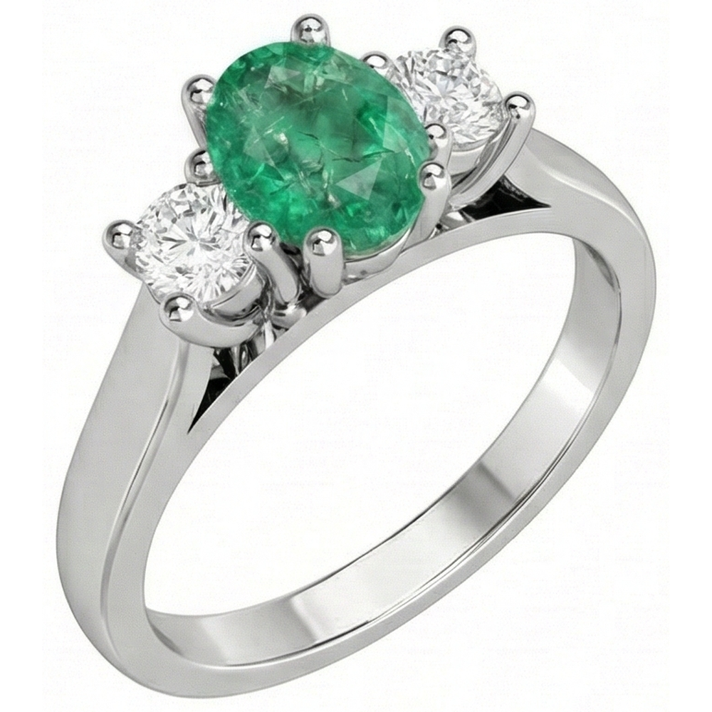 Fede nuziale con tre pietre da 3.30 carati. Verde smeraldo e diamanti. oro 14K