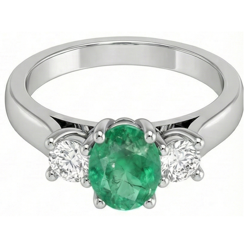 Fede nuziale con tre pietre da 3.30 carati. Verde smeraldo e diamanti. oro 14K