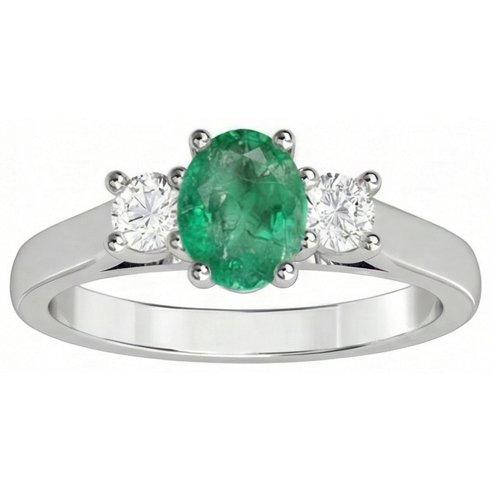 Fede nuziale con tre pietre da 3.30 carati. Verde smeraldo e diamanti. oro 14K