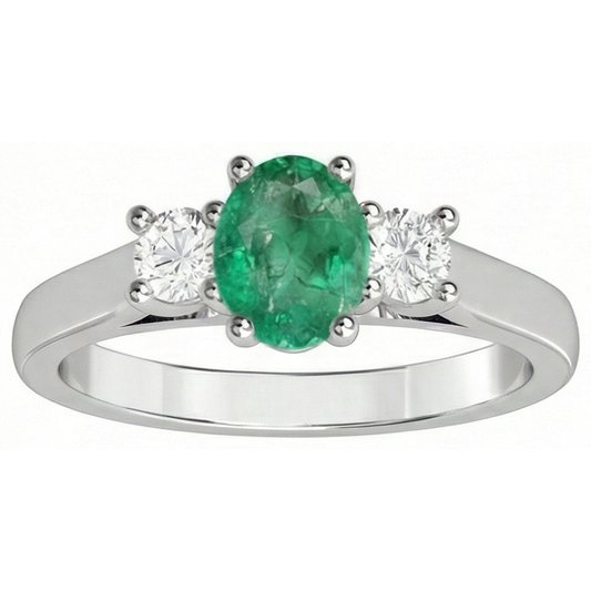 Fede nuziale con tre pietre da 3.30 carati. Verde smeraldo e diamanti. oro 14K
