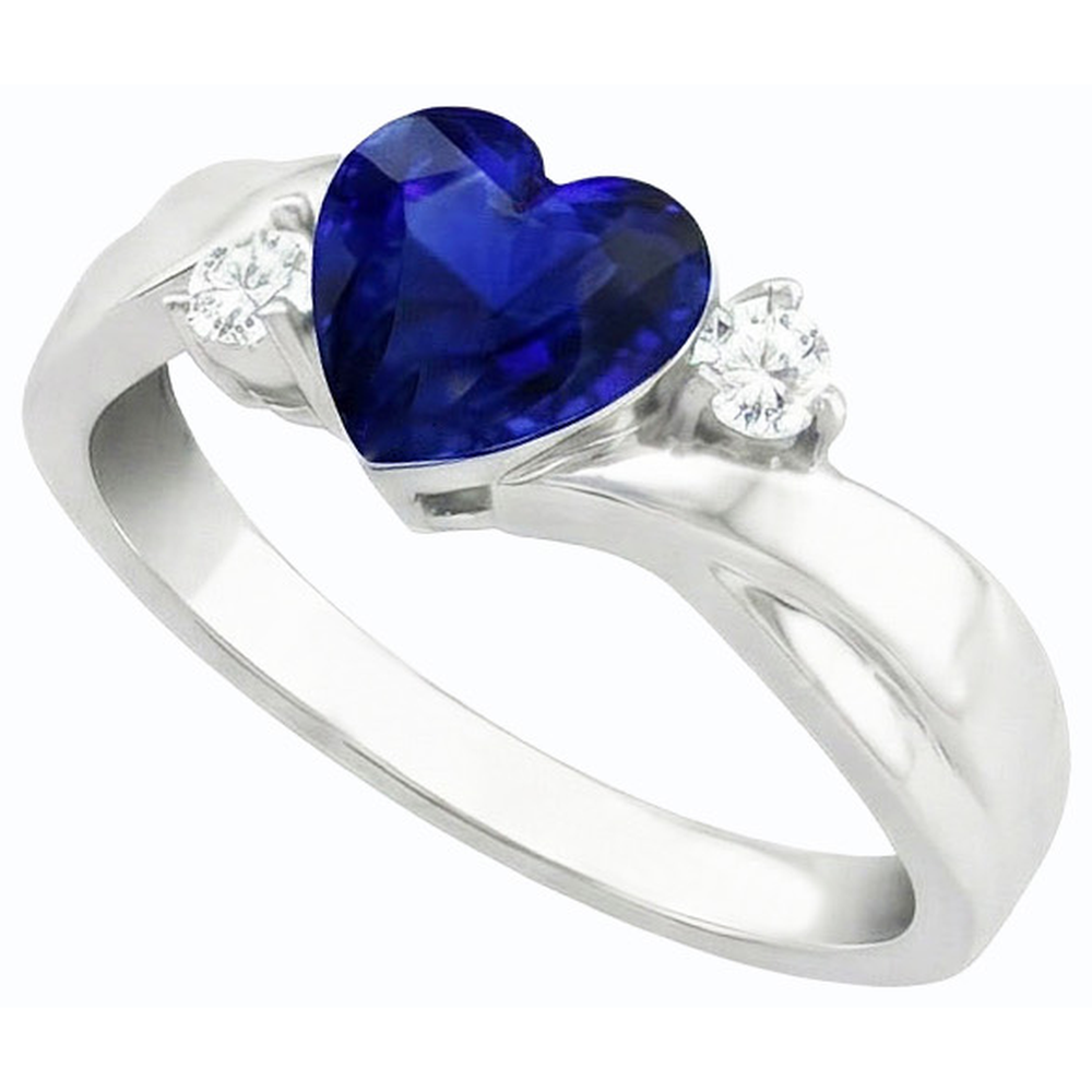 Fede nuziale con zaffiro blu carati 1,75 e diamanti tondi 3 pietre cuore in oro bianco 14k