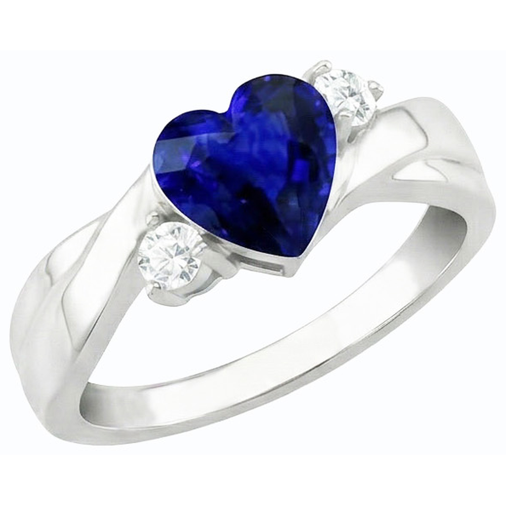 Fede nuziale con zaffiro blu carati 1,75 e diamanti tondi 3 pietre cuore in oro bianco 14k