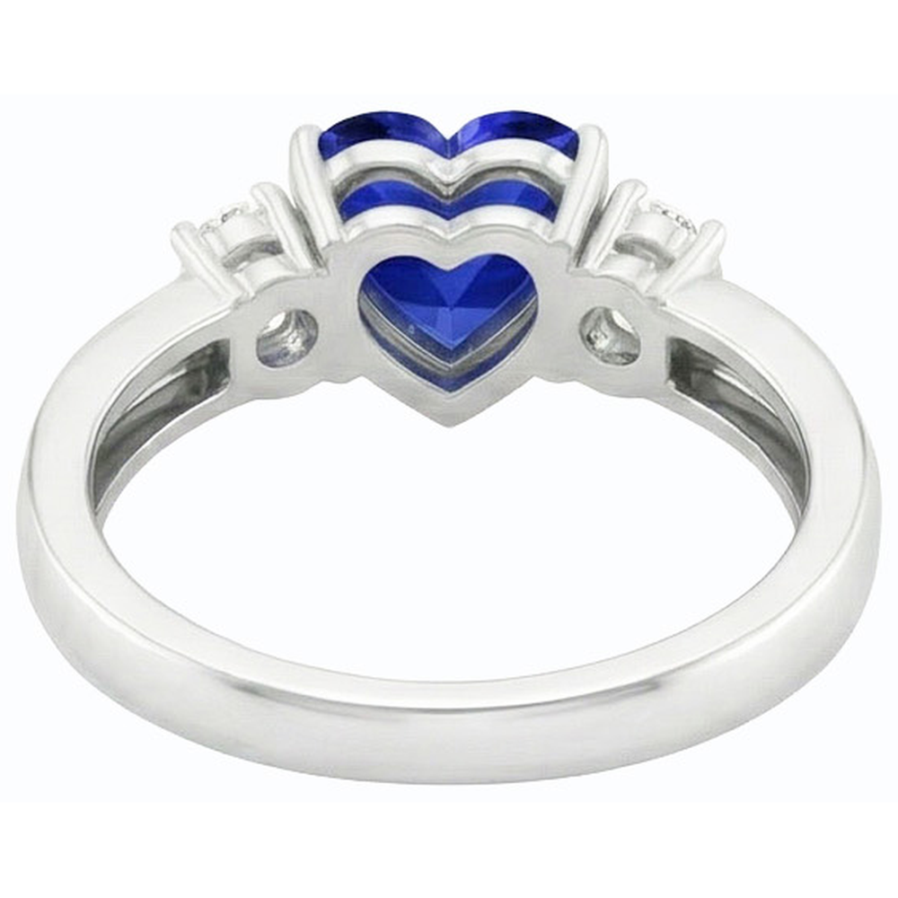 Fede nuziale con zaffiro blu carati 1,75 e diamanti tondi 3 pietre cuore in oro bianco 14k