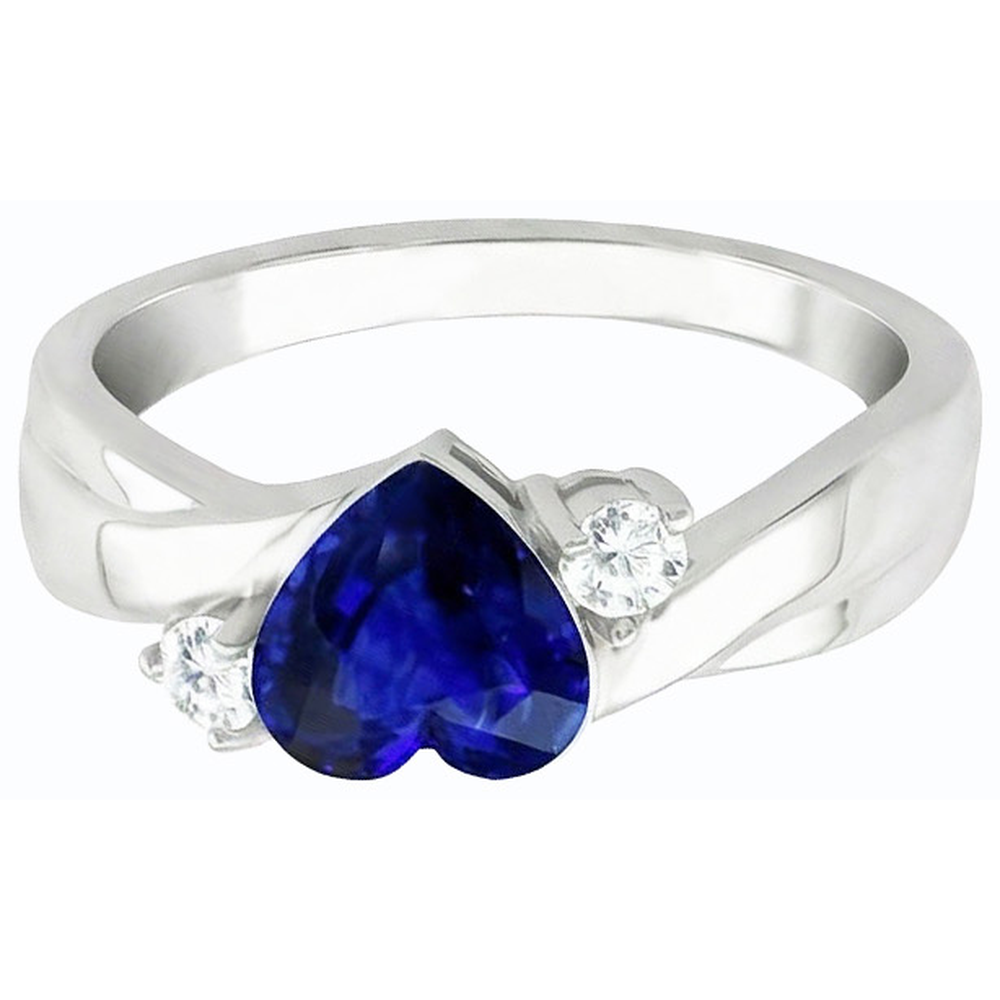Fede nuziale con zaffiro blu carati 1,75 e diamanti tondi 3 pietre cuore in oro bianco 14k