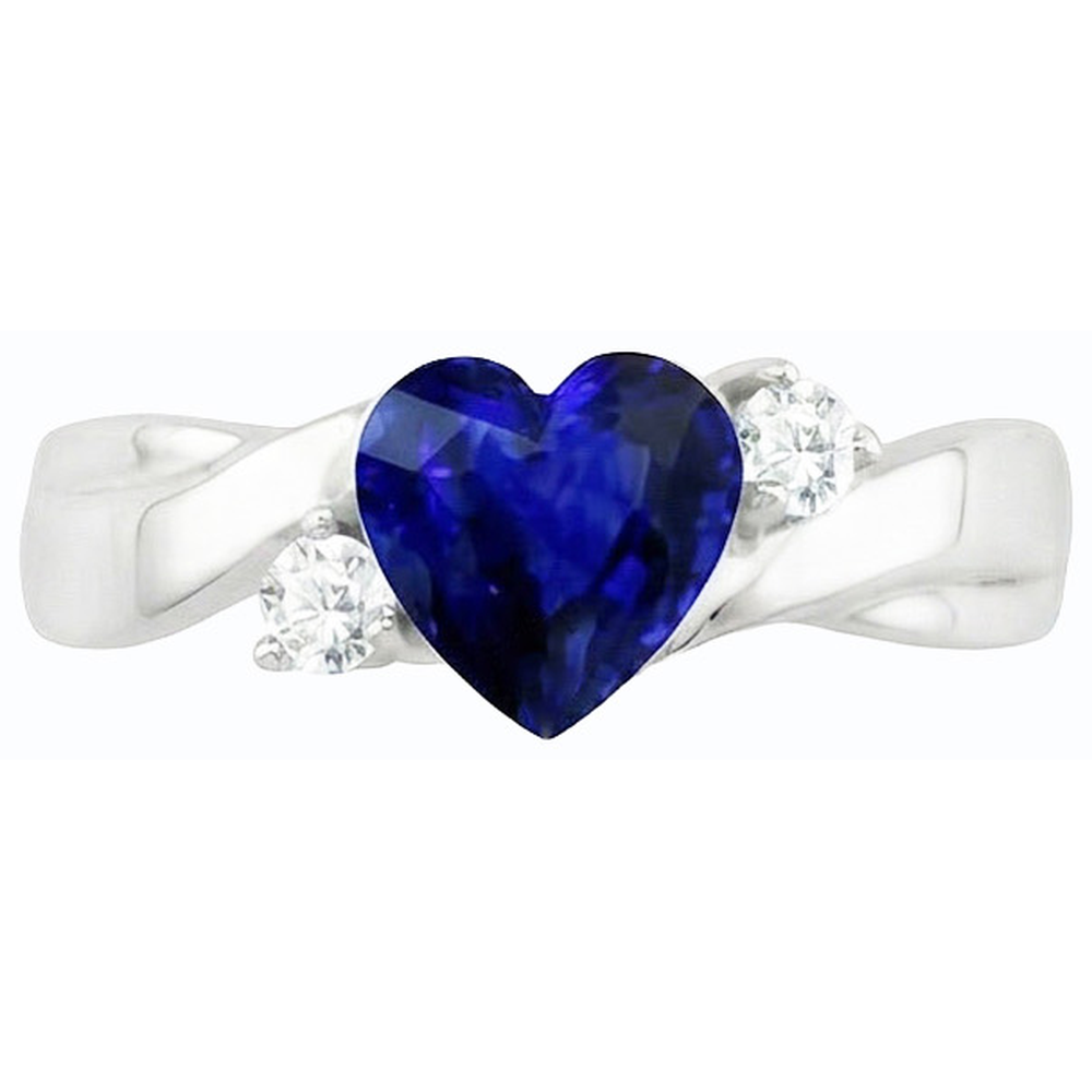 Fede nuziale con zaffiro blu carati 1,75 e diamanti tondi 3 pietre cuore in oro bianco 14k