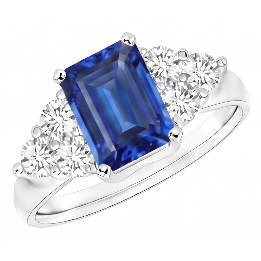 Fede nuziale con zaffiro blu di Ceylon taglio smeraldo da 4 ct e diamante rotondo
