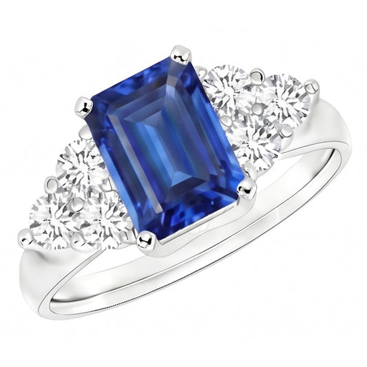 Fede nuziale con zaffiro blu di Ceylon taglio smeraldo da 4 ct e diamante rotondo