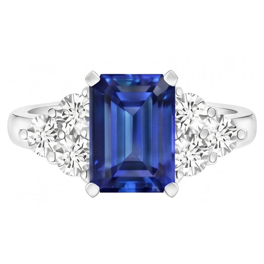 Fede nuziale con zaffiro blu di Ceylon taglio smeraldo da 4 ct e diamante rotondo