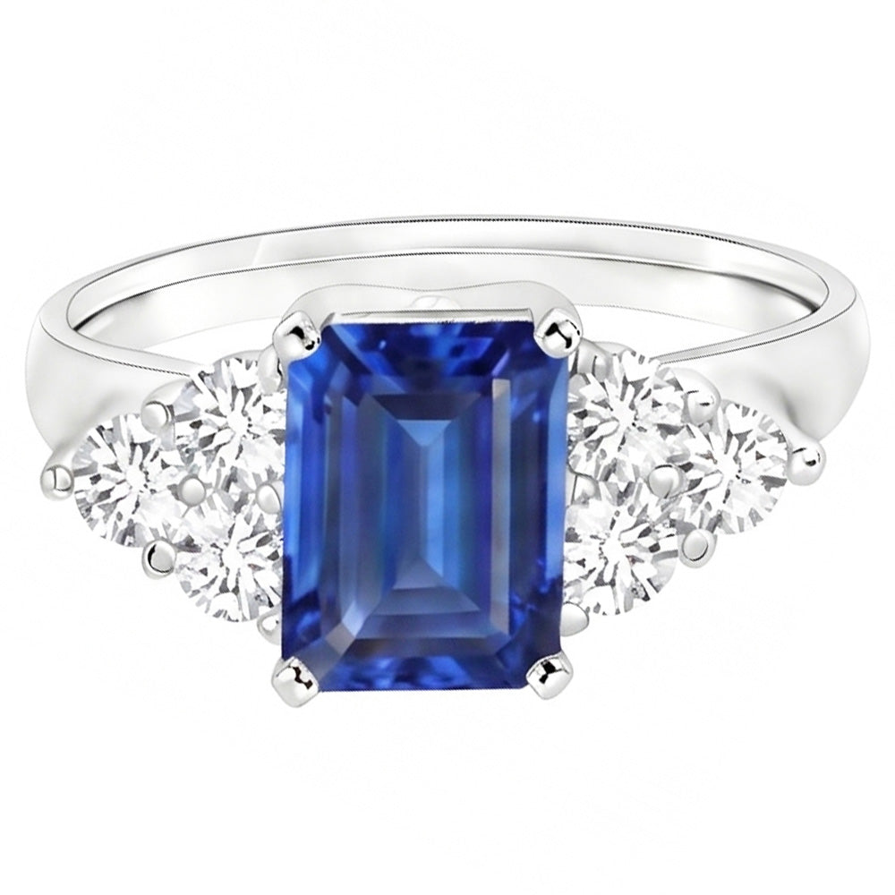 Fede nuziale con zaffiro blu di Ceylon taglio smeraldo da 4 ct e diamante rotondo