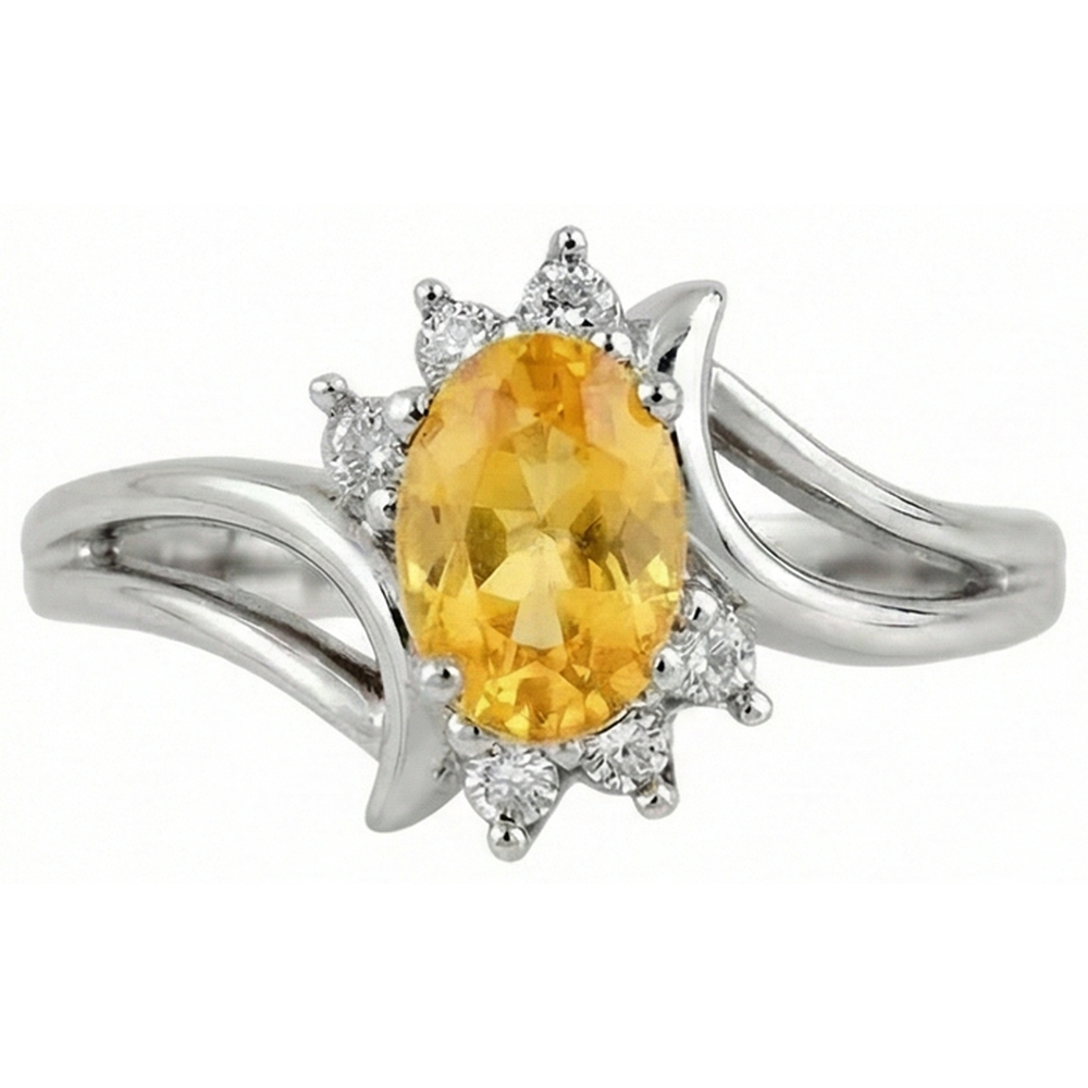 Fede nuziale con zaffiro giallo taglio ovale e diamanti rotondi in oro 14K