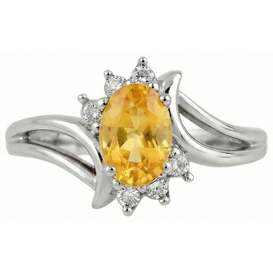 Fede nuziale con zaffiro giallo taglio ovale e diamanti rotondi in oro 14K