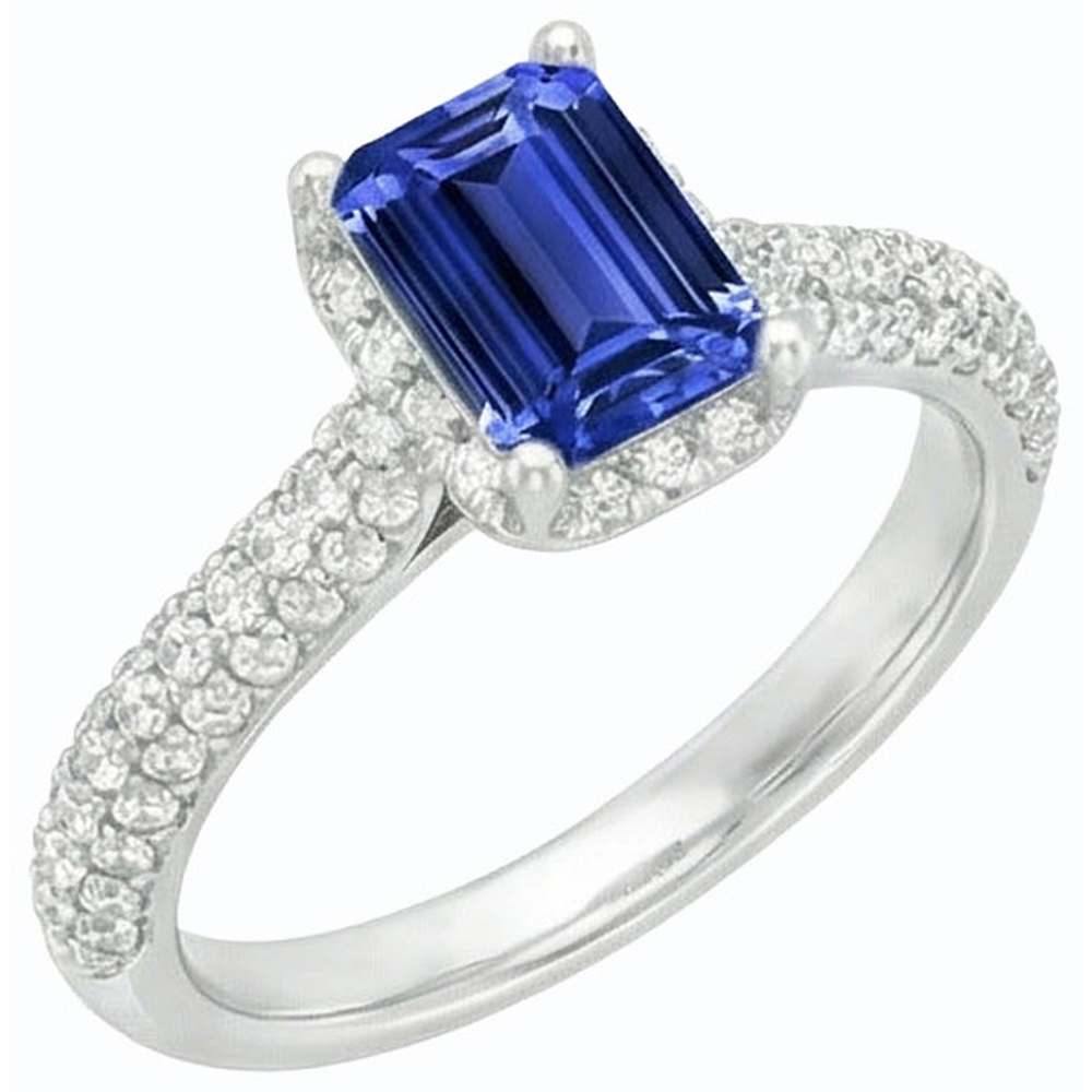 Fede nuziale da donna con zaffiro blu Halo e accenti di diamante 3.50 carati
