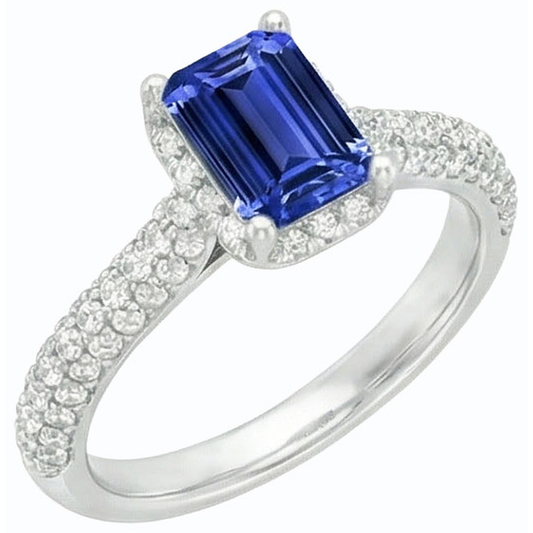 Fede nuziale da donna con zaffiro blu Halo e accenti di diamante 3.50 carati