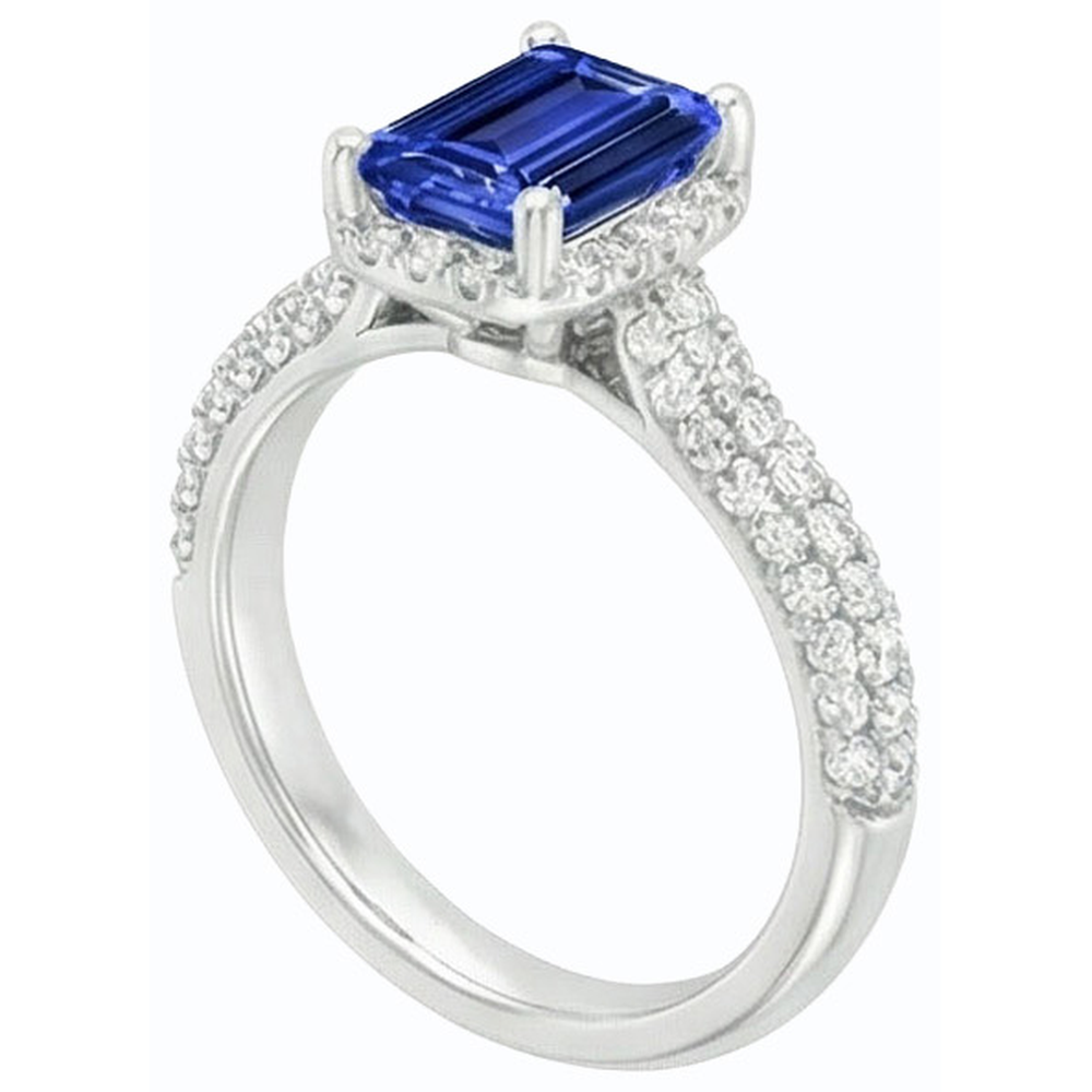 Fede nuziale da donna con zaffiro blu Halo e accenti di diamante 3.50 carati
