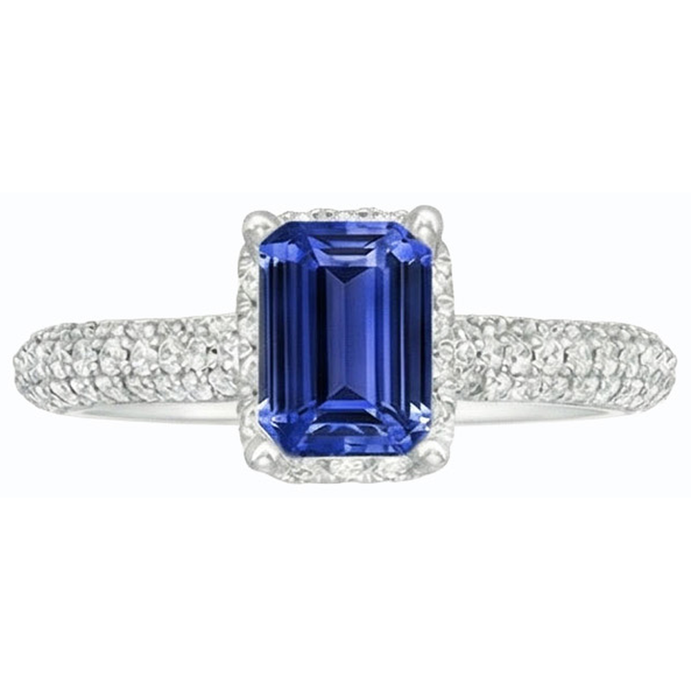 Fede nuziale da donna con zaffiro blu Halo e accenti di diamante 3.50 carati