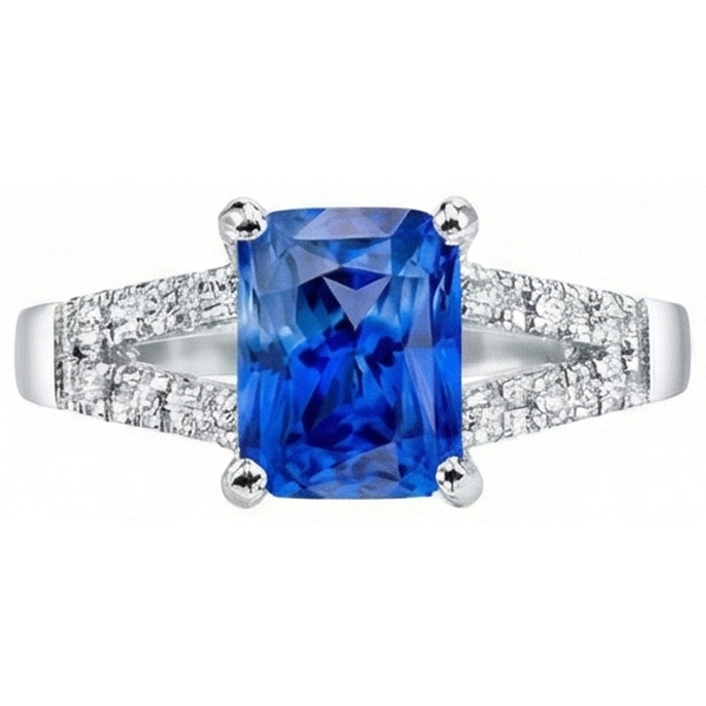 Fede nuziale diamante rotondo zaffiro blu naturale gambo diviso 2 carati